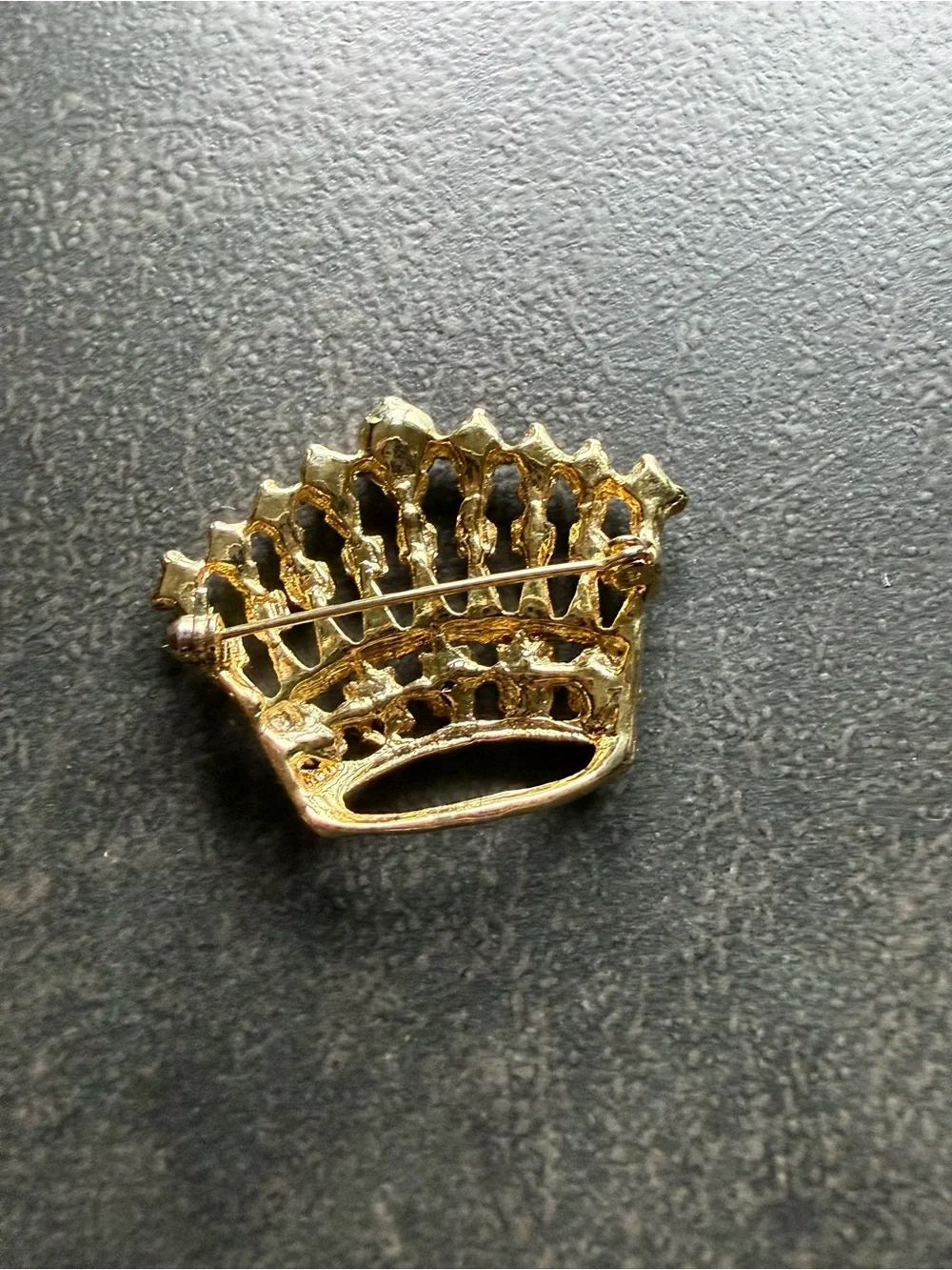 Vintage Gold Crown Brooch with Multicolor Gems and Seed Pearls